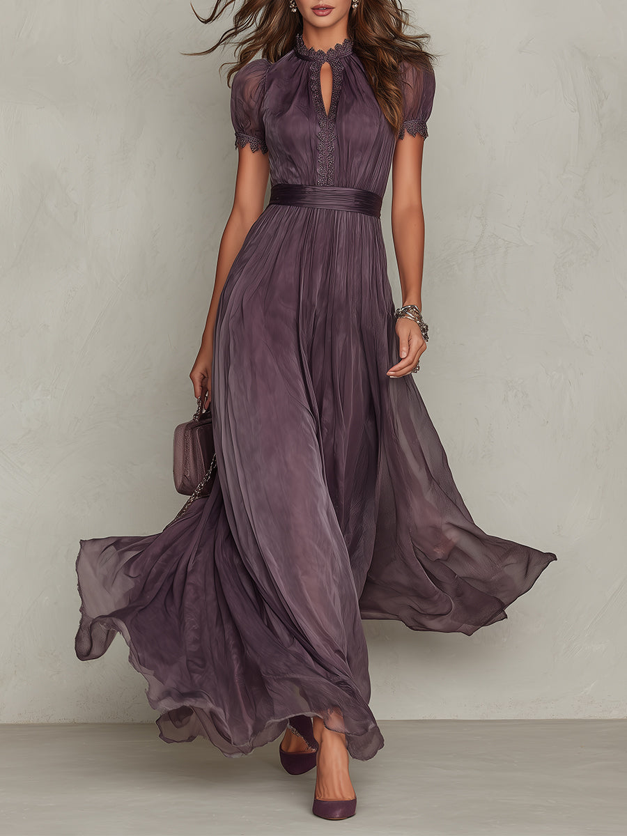 Retro Keyhole Collar Chiffon Maxi Dress With Lace