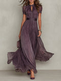 Retro Keyhole Collar Chiffon Maxi Dress With Lace