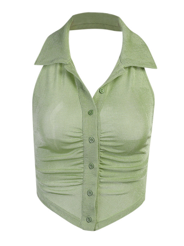 Strapless Button Lapel Collar Ruffled Backless Vest Top