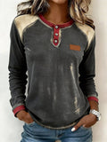 Women'S Casual Round Neck Color-Block Printed Long-Sleeved Top