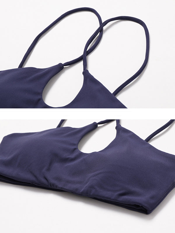 Padded Back Cross Hollow Solid Color Halter-Neck Sports Bra