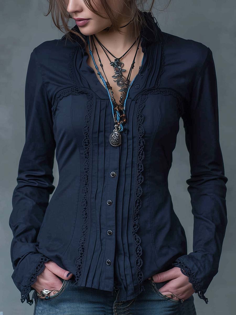 Retro Pleated Lace Long-sleeved Blouse