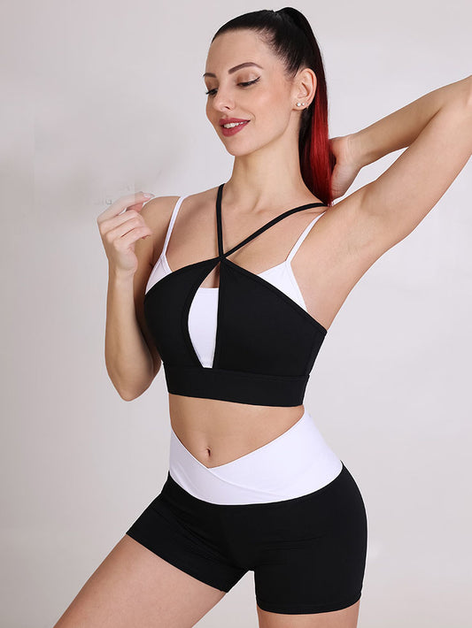 Fake Two Contrast Color Sports Bra&Shorts Suits