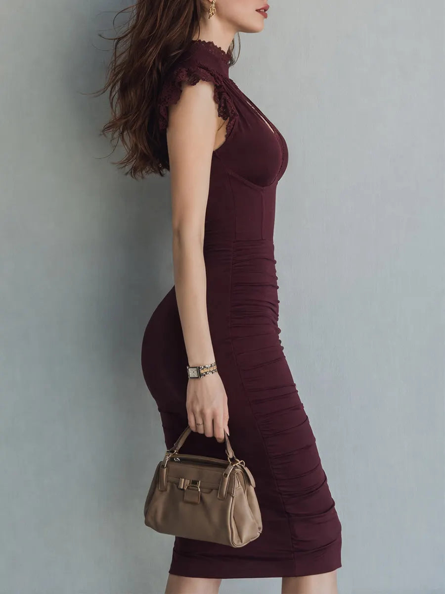 Elegant Keyhole Collar Hip Midi Dress With Lace