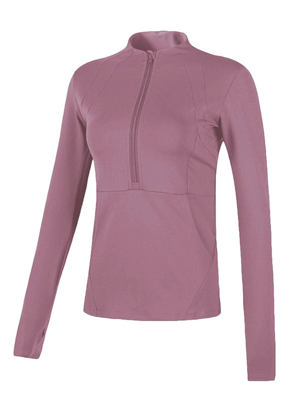 Long Sleeves Skinny Pockets Solid Color Zipper Yoga Tops