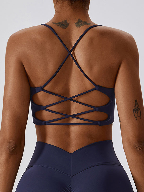 Back Cross Hollow Solid Color Spaghetti-Neck Sports Bra