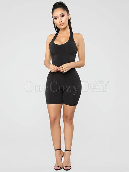 Contrast Color Back Cross Sleeveless Rompers