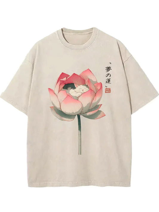 Cat Sleeping In A Lotus Washed T-shirt