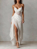 White Draped Lace Corset Maxi Dress