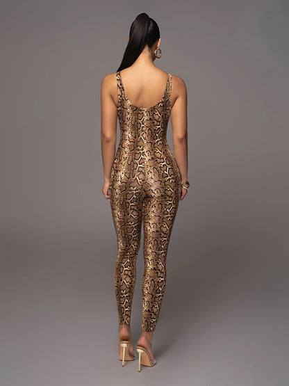 Skinny Contrast Color Leopard Snakeskin Spaghetti-Neck Jumpsuits