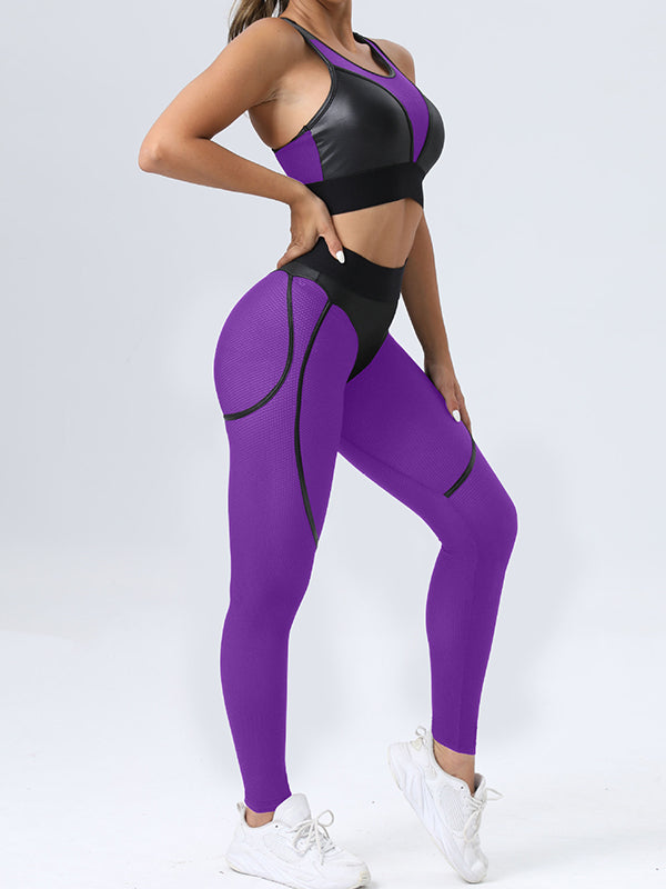 Skinny Wrap Contrast Color Spaghetti-Neck Sports Bra&Leggings Suits