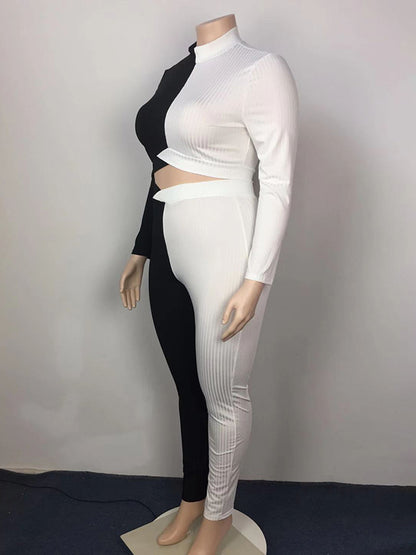 Plus Size Long Sleeves Skinny Color-Block High-Neck Suits