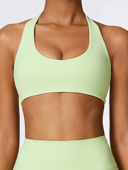 Skinny Wrap Backless Solid Color U-Neck Sports Bra