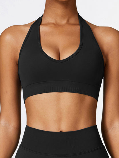 Skinny Wrap Backless Solid Color Halter-Neck Sports Bra