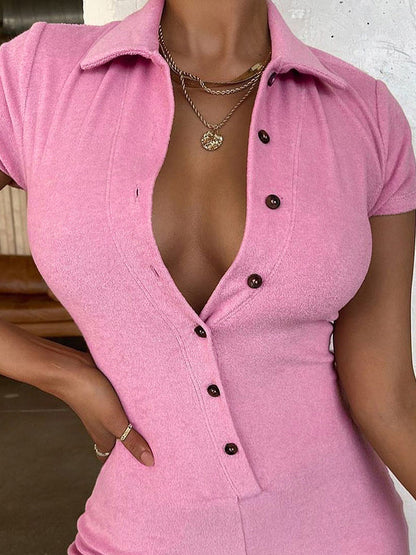 Pink Lapel Button Rompers