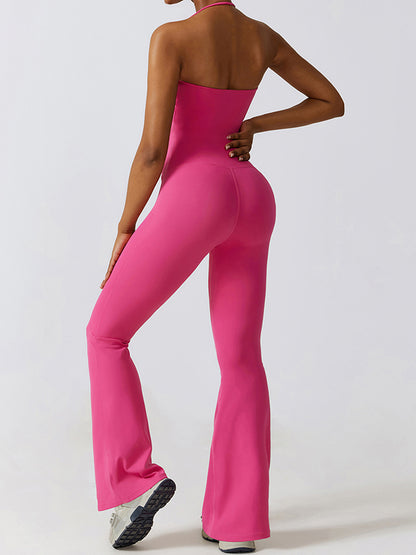 Flared Pants Skinny Leg Backless Detachable Solid Color Halter-Neck Jumpsuits