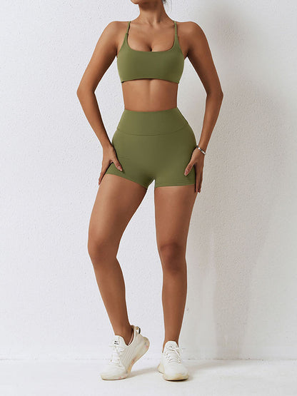 Skinny Wrap Hollow Sports Bra&Shorts Solid Color Spaghetti-Neck Suits