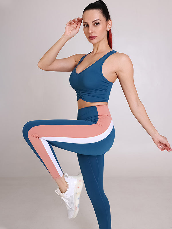 Nude Color Contrast Stitching High Elastic Sports Fitness Suit