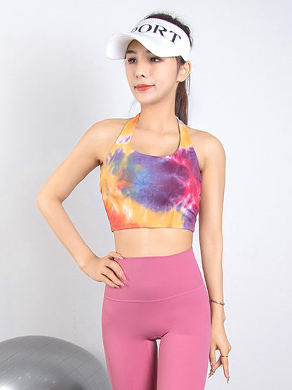 Skinny Wrap Bandage Contrast Color Tie Dye Halter-Neck Sports Bra