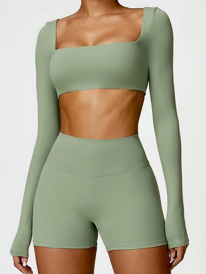 Skinny Wrap Solid Color Square-Neck Yoga Tops