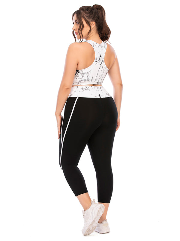 Plus Size Color-Block High-Waisted Hollow Printed Spaghetti-Neck Bra&Leggings Suits