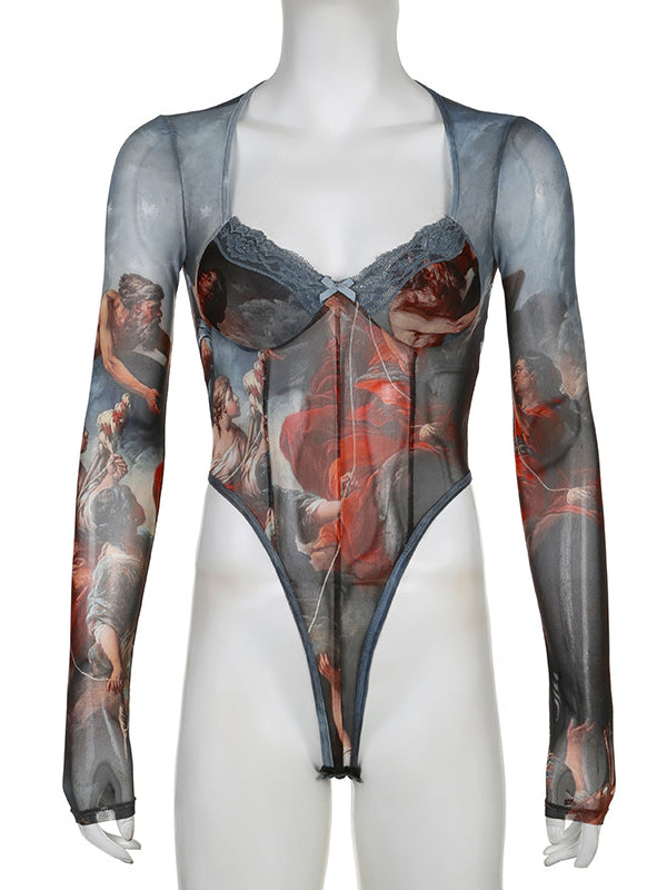 Skinny Wrap Lacy Multi-Colored Printed Bodysuits