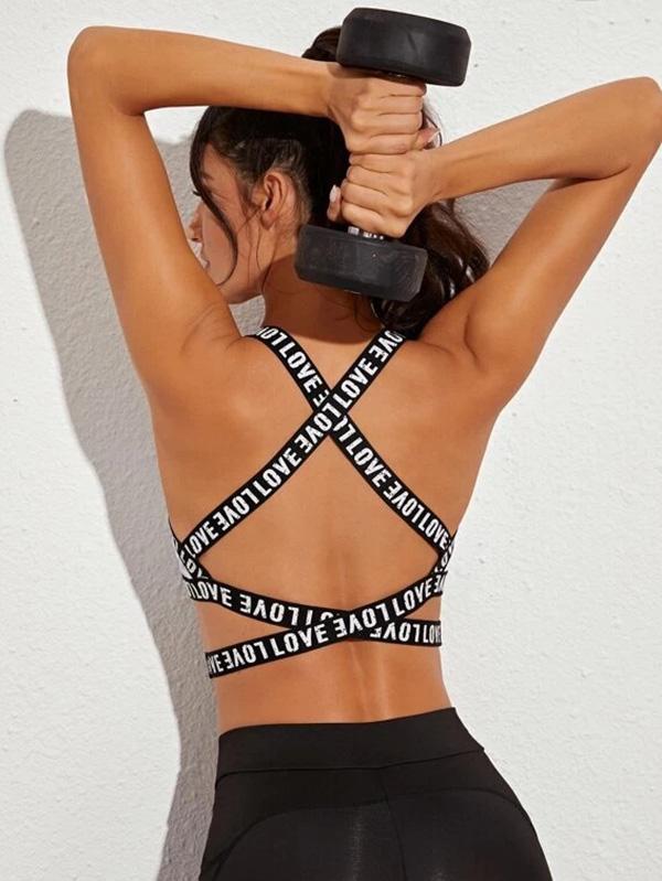 Sexy Wrap Printed Letters Back Cross Sports Bra