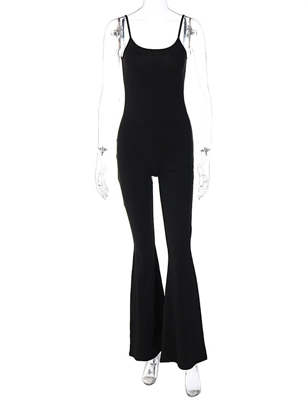 Skinny Wrap Solid Color Spaghetti-Neck Jumpsuits