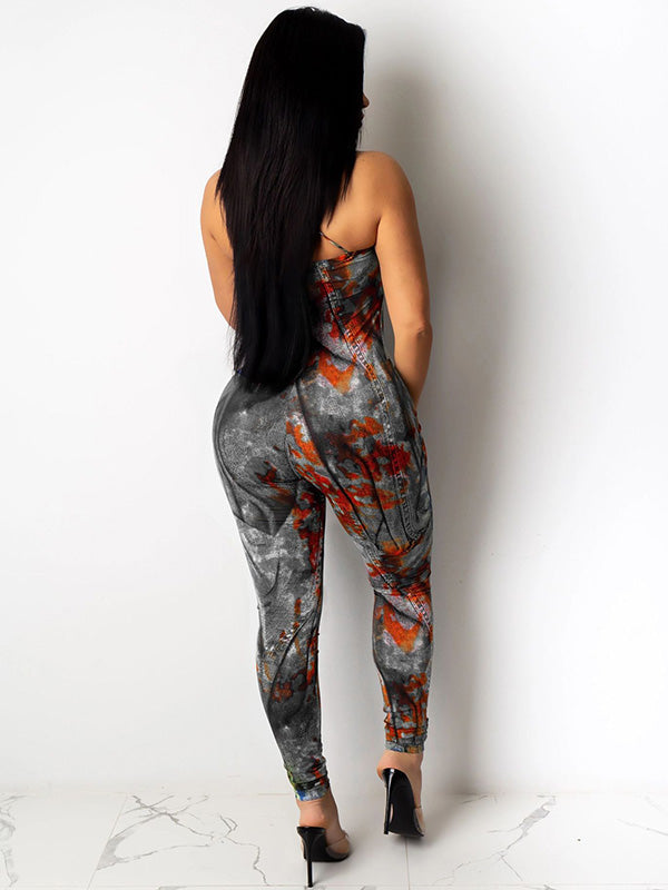 Denim Graffiti Print Lace Up Open Back Gym Jumpsuits