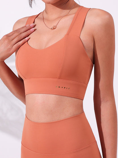 Wrap Back Cross Breathable Hollow Letter Print Solid Color Skinny Sports Bra