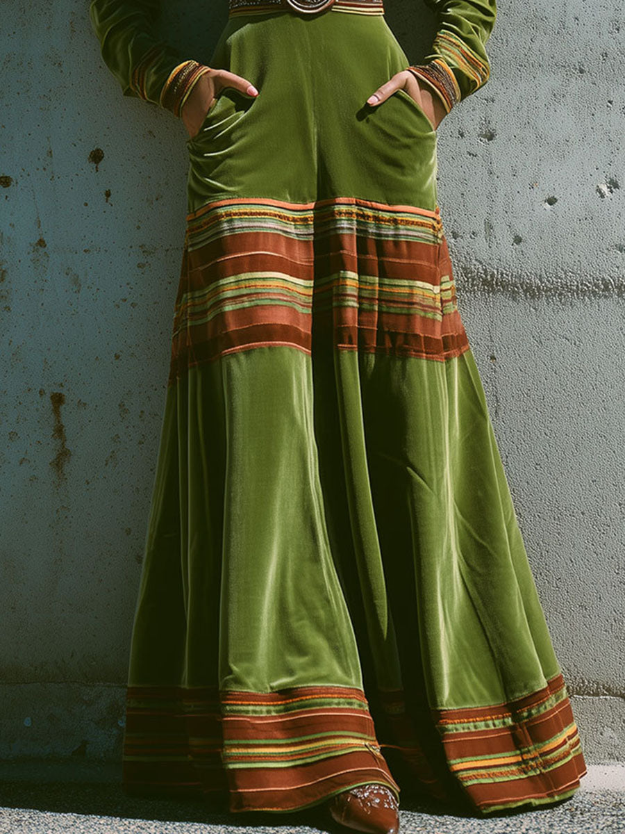 Boho Olive Green Velvet Striped Hem Maxi Dress