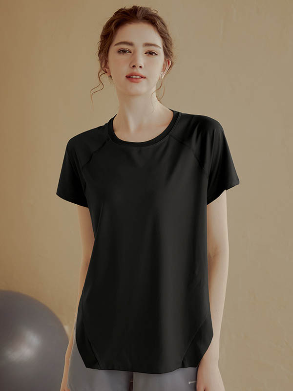 Loose Short Sleeves Solid Color Split-Side Round-Neck Yoga Tops