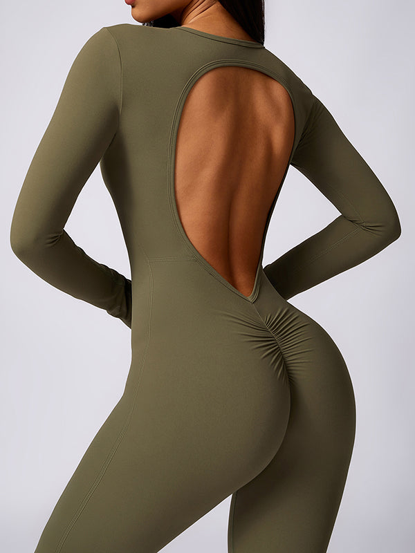 Flared Pants Backless Pleated Solid Color Round-Neck Jumpsuits