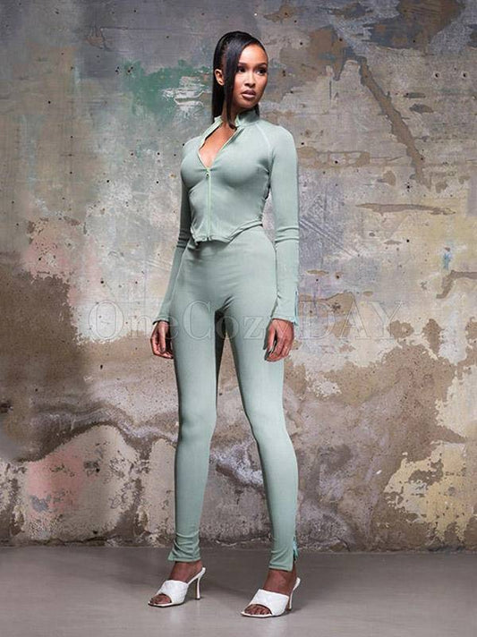 Cropped Zipper Long Sleeves Yoga Suits