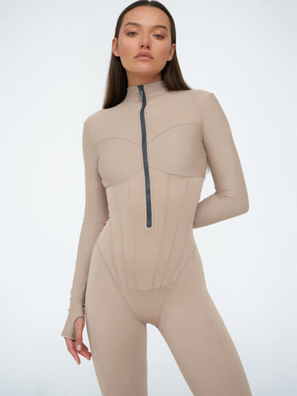 Skinny Solid Color Zipper Round-Neck Jumpsuits