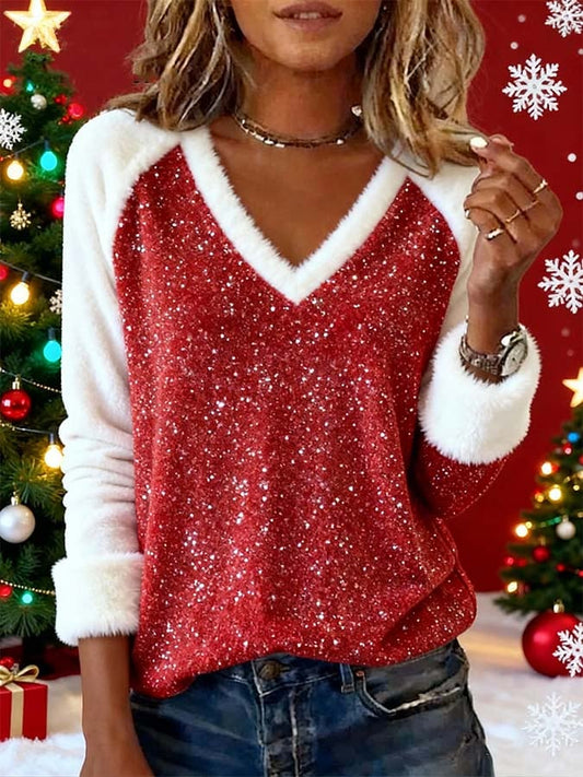 Women'S Casual Plush Contrast Color Stitching Christmas Top