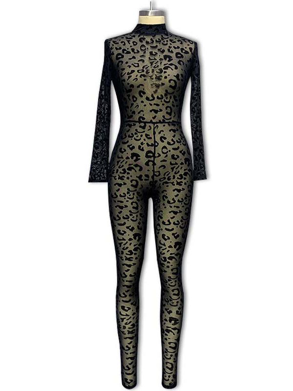 Skinny Wrap Leopard See-Through Round-Neck Jumpsuits