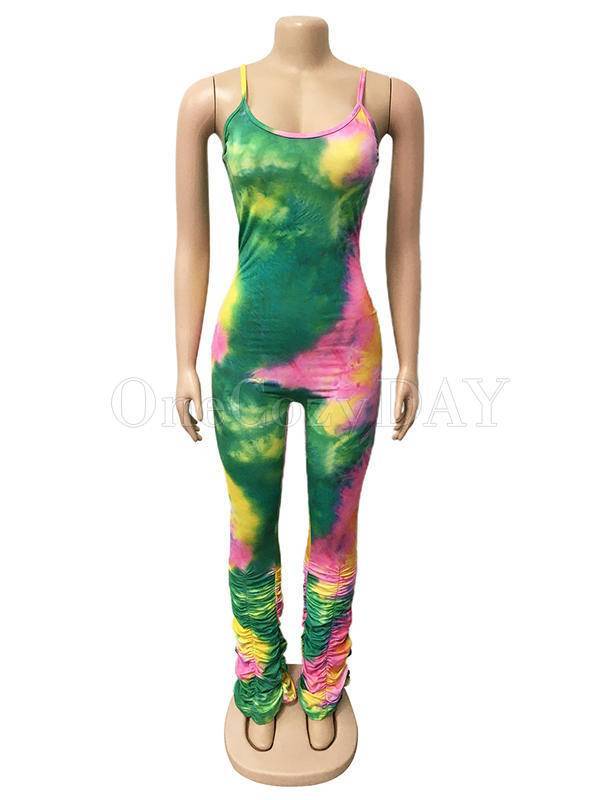 Tie-Dyed Spaghetti-Neck Ruffled Jumpsuits