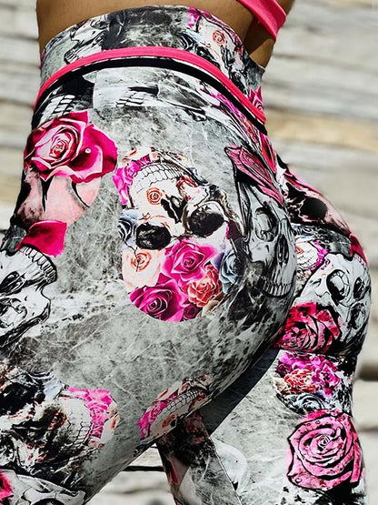 Rose&Skull Print Hips-Lift Shaped High Waisted Sport Leggings