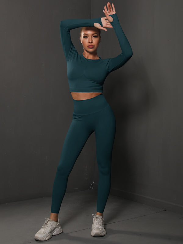 Solid Color Long Sleeve Tee & Leggings Yoga Suits