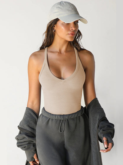 Sleeveless Wrap Hollow Solid Color V-Neck Vest Top