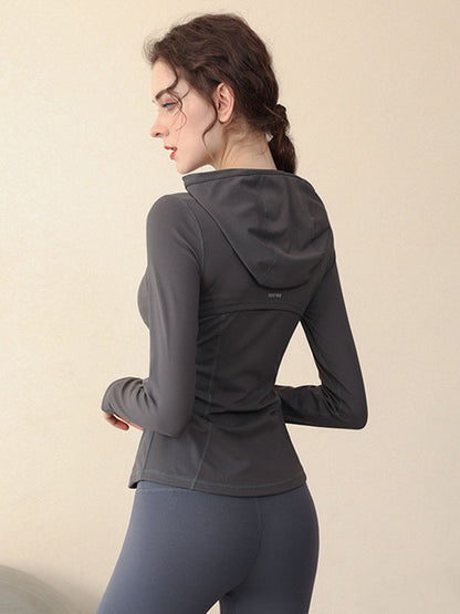 Skinny Wrap Hooded Solid Color Zipper Yoga Tops