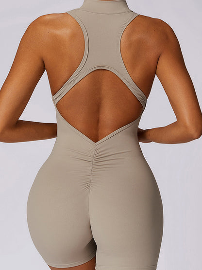 Sleeveless Backless Solid Color Zipper Sports Rompers