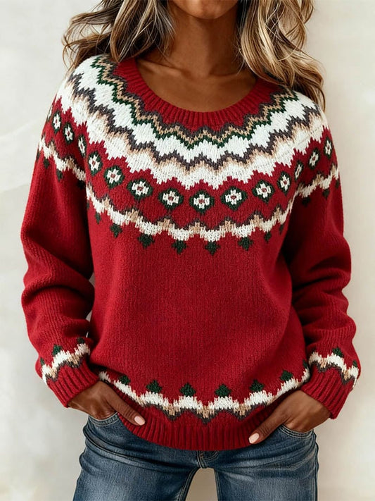 Women'S Casual Round Neck Christmas Color-Blocked Sweater
