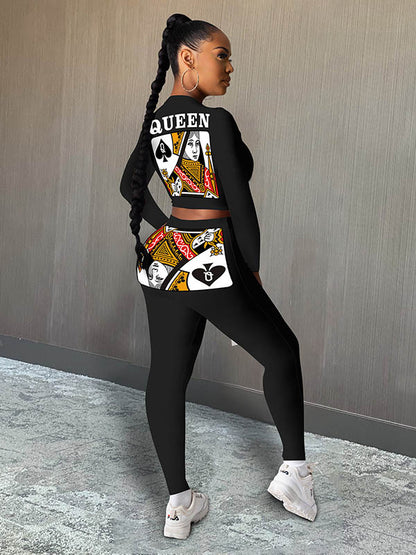 Long Sleeve Spades Q Playing Card Q Tie Top&Leggings Suits