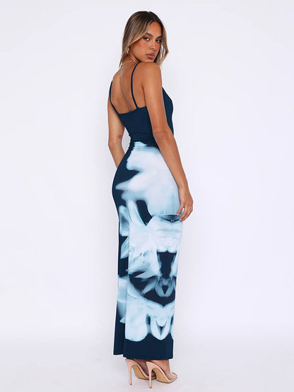 Bodycon Skinny Contrast Color Floral Printed Spaghetti-Neck Maxi Dresses