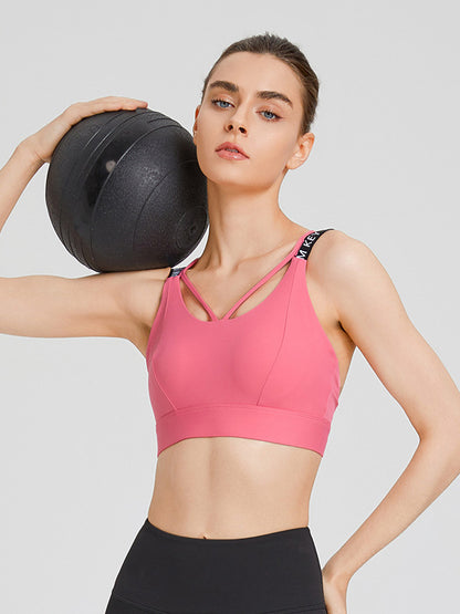 Back Cross Hollow Letter Print Solid Color Spaghetti-Neck Sports Bra