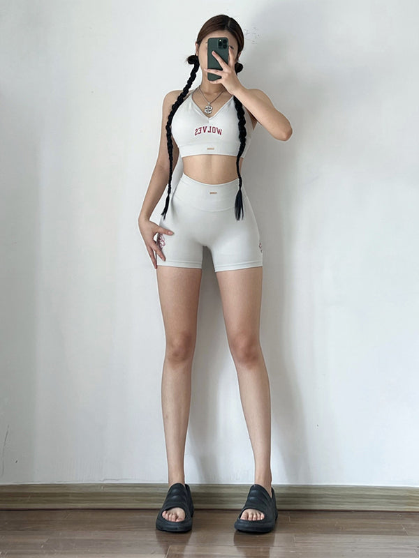 Skinny High-Waisted Hollow Letter Print Spaghetti-Neck Sports Bra&Shorts Suits