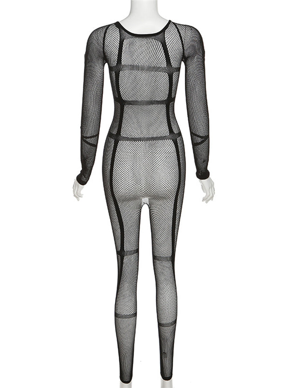 Long Sleeves Skinny Hollow Mesh See-Through Split-Joint U-Neck Jumpsuits