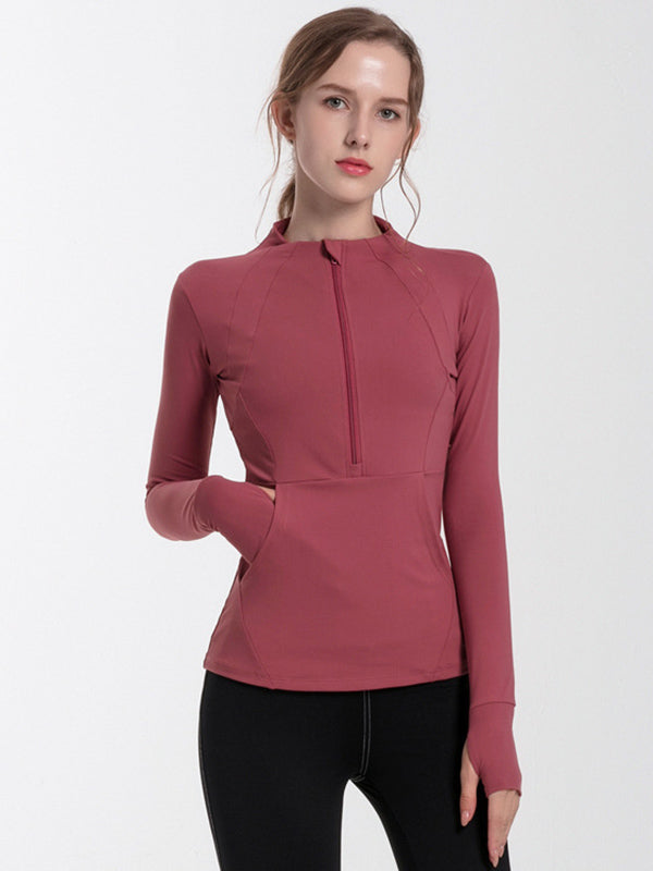 Solid Color Breathable Quick-Dry Zipper Collar Long Sleeves Wrap Sport Tee